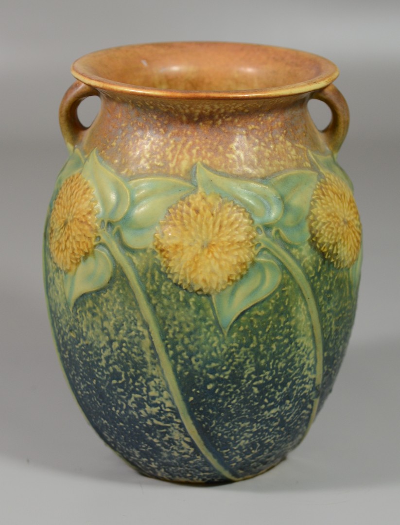 Appraisal: Roseville Sunflower handled vase tall unmarked no chips or hairlines