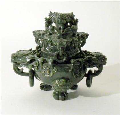 Appraisal: Large Chinese green stone censerOf Archaic form carved to show