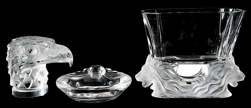 Appraisal: Group of Three Frosted Glass Lalique Tablewares including Venise bowl