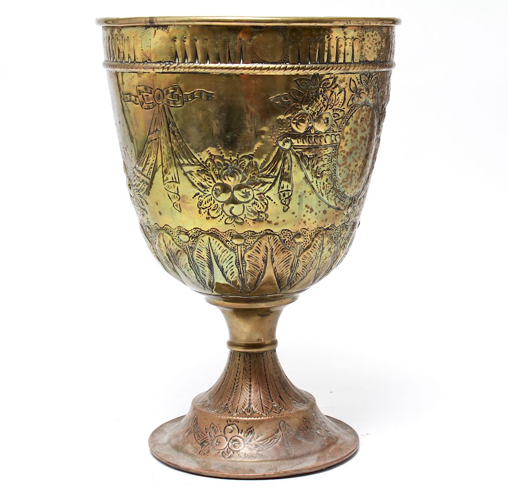 Appraisal: Neoclassical Brass Chalice Form Jardiniere Planter Neoclassical manner large repousse