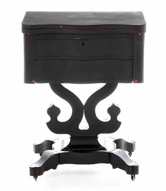 Appraisal: Empire mahogany workstand circa serpentine-shaped hinged top over drawers resting