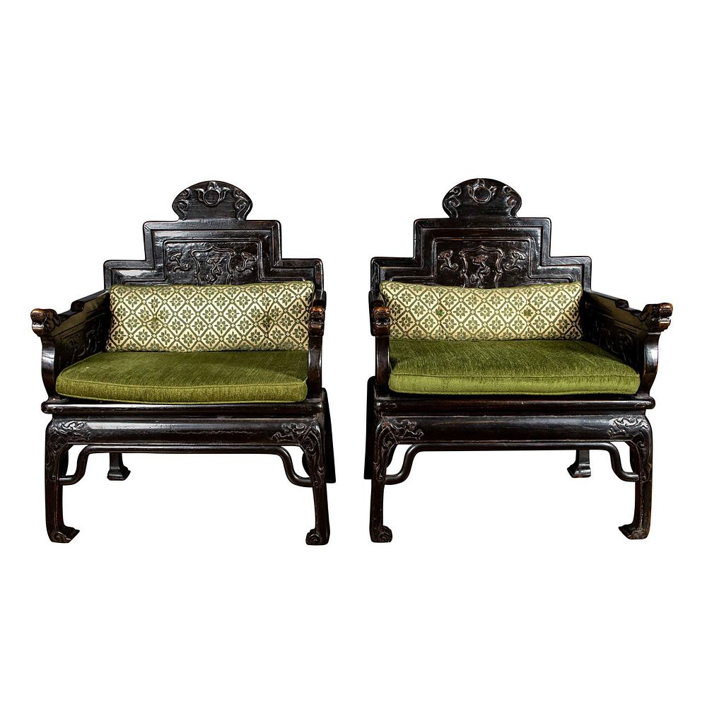 Appraisal: EARLY TH C PAIR OF CHINESE WOODEN CHAIRS Black lacquer