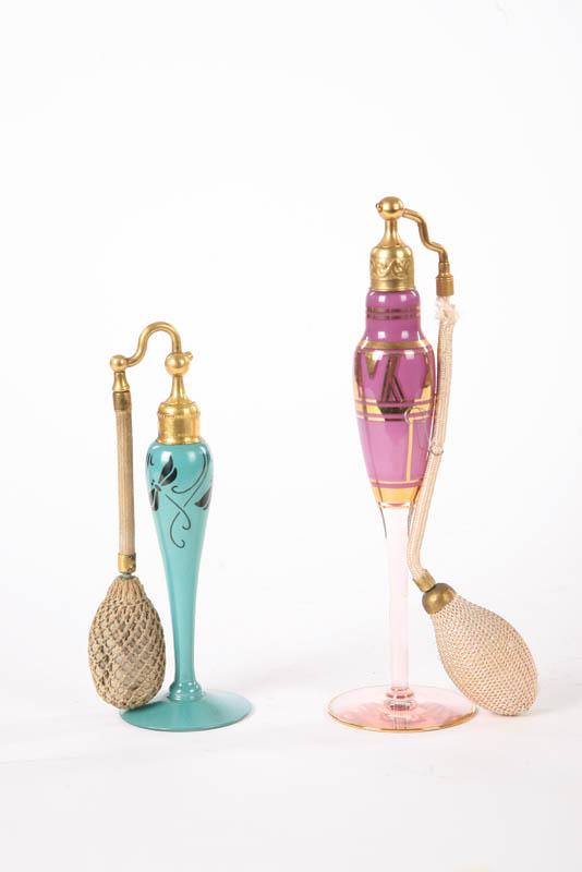 Appraisal: TWO PERFUME ATOMIZERS One turquoise with black dragonflies marked Devilbiss