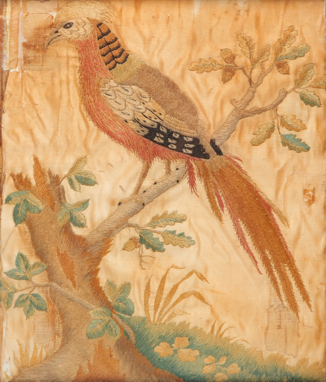 Appraisal: Early th century Parrot on oak tree branch Silk with