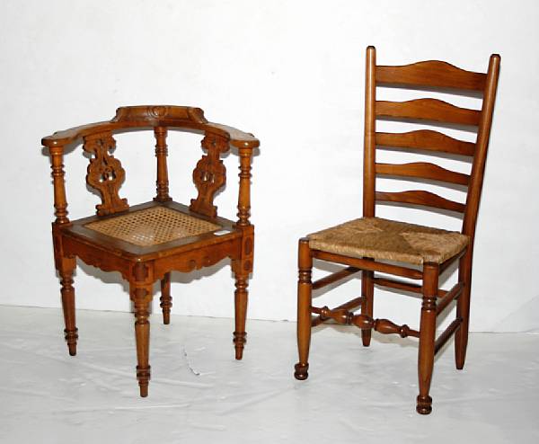 Appraisal: A set of four English oak ladderback chairs together with