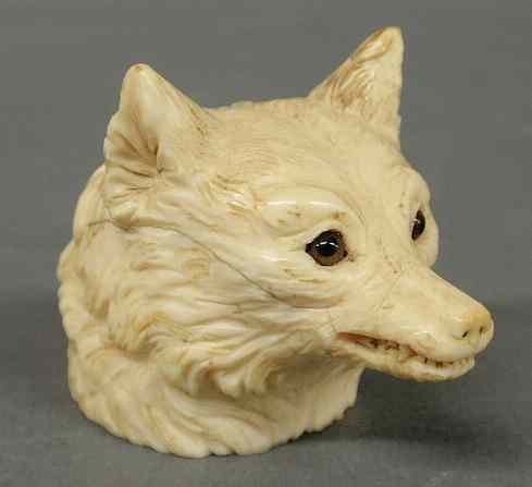 Appraisal: Carved ivory fox head walking stick handle late th c