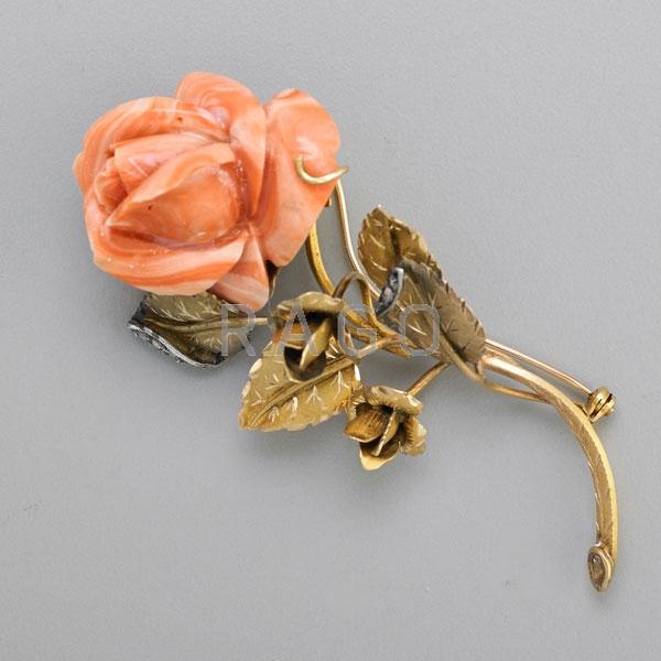 Appraisal: CORAL AND GOLD ROSE BROOCH WITH DIAMONDS Condition Report