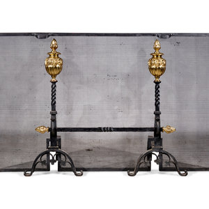 Appraisal: A Pair of Neoclassical Style Brass and Iron Andirons First