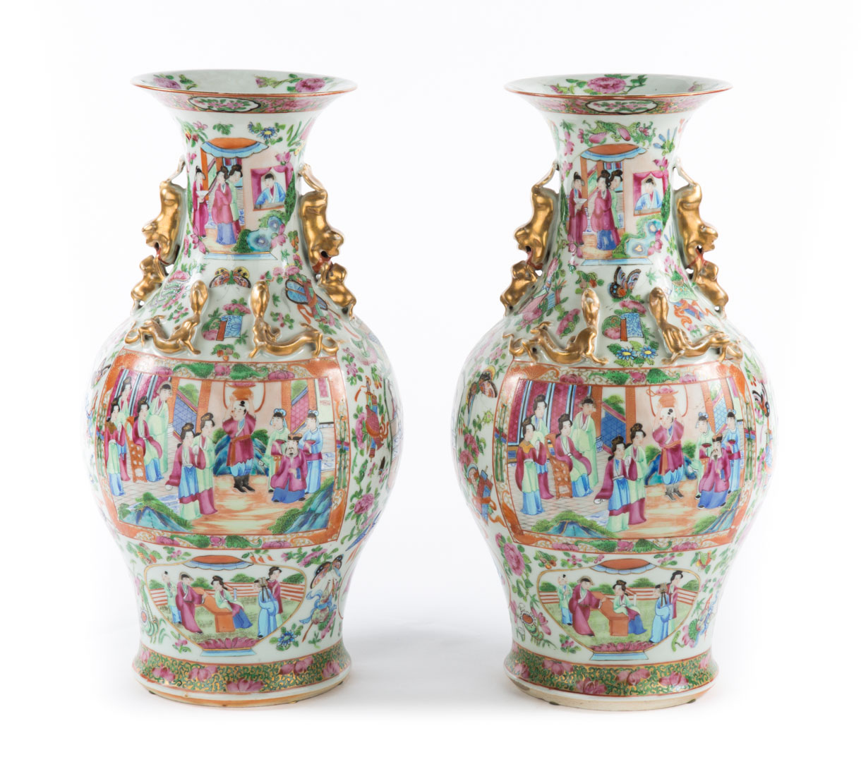 Appraisal: Pair Chinese Export Rose Mandarin vases circa bulbous form in