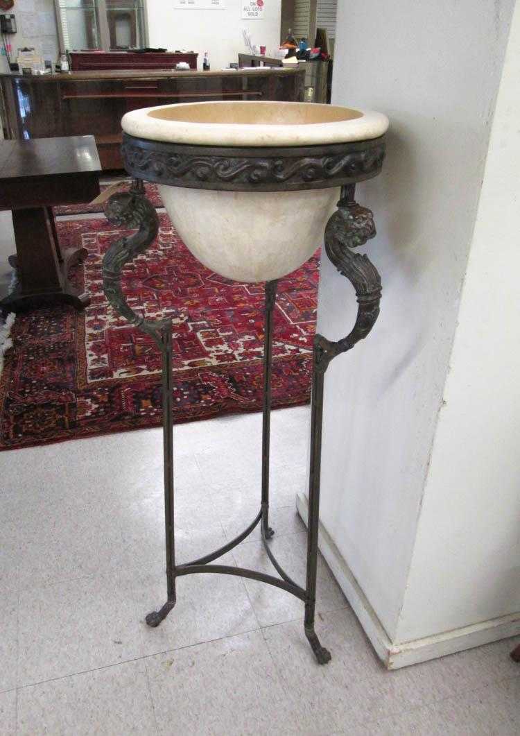 Appraisal: BRONZE AND ALABASTER JARDINIERE STAND Kreiss Furniture Co recent production