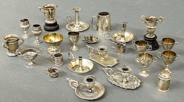 Appraisal: - Group of miniature English silver chamber sticks cups mugs