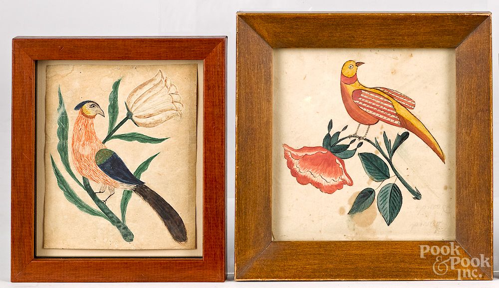 Appraisal: Two Pennsylvania watercolor fraktur bird drawings Exclusive on Bidsquare Two