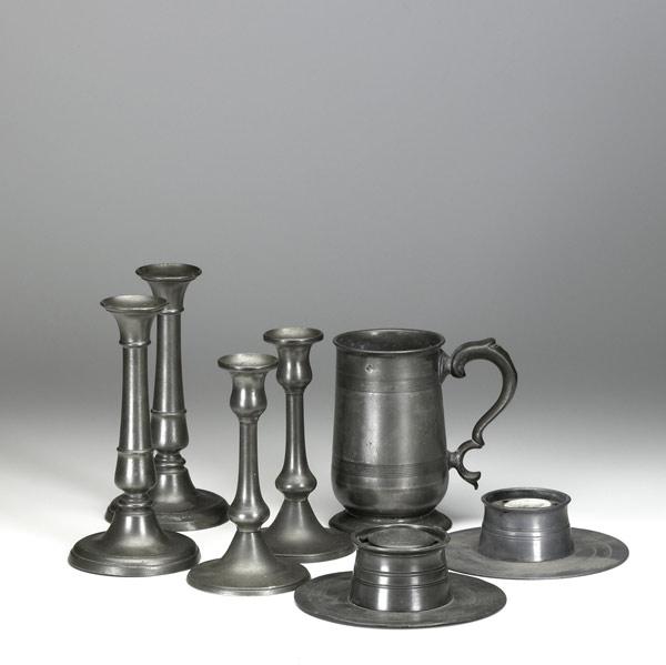 Appraisal: ENGLISH PEWTER Grouping of seven pieces including two pairs of