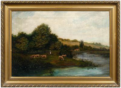 Appraisal: th century pastoral landscape shepherdess watching sheep by a pond