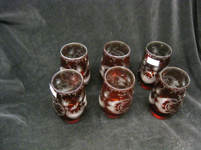 Appraisal: Bohemian Ruby Cut-to-Clear Glasses stag foliage decor excellent