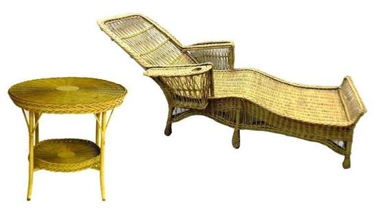 Appraisal: Two pieces th C honey brown wicker including chaise lounge