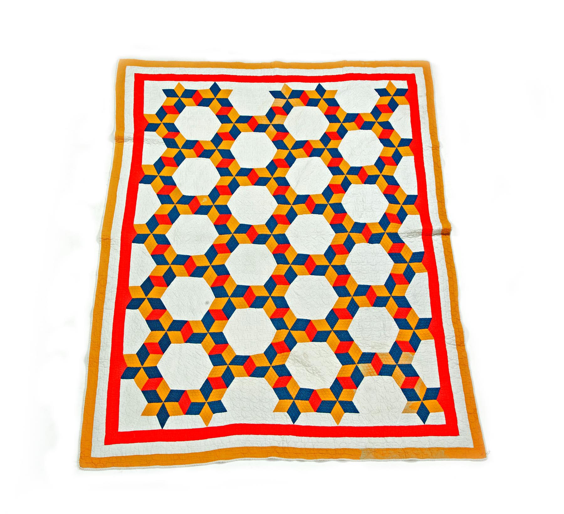 Appraisal: HANDMADE PIECEWORK QUILT IN TUMBLING BLOCK PATTERN VARIANT American nd