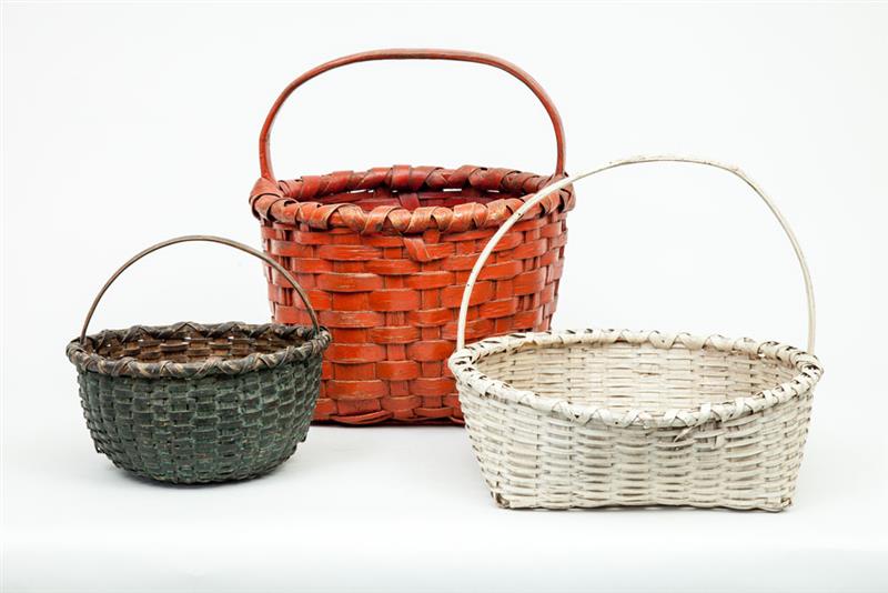 Appraisal: Red-Stained Woven Wood Splint Basket a Dark Green-Stained Basket and