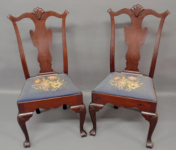 Appraisal: Pair of Queen Anne style mahogany side chairs with needlepoint