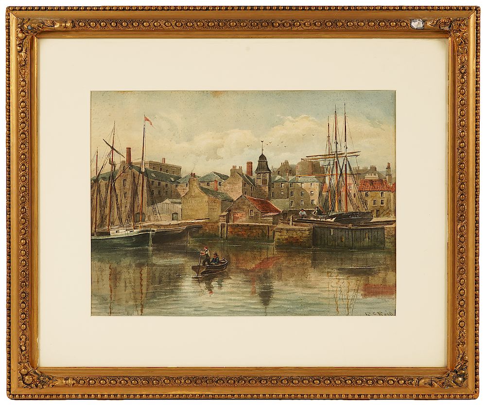 Appraisal: Signed Continental th C Waterfront Watercolor Possibly signed R S