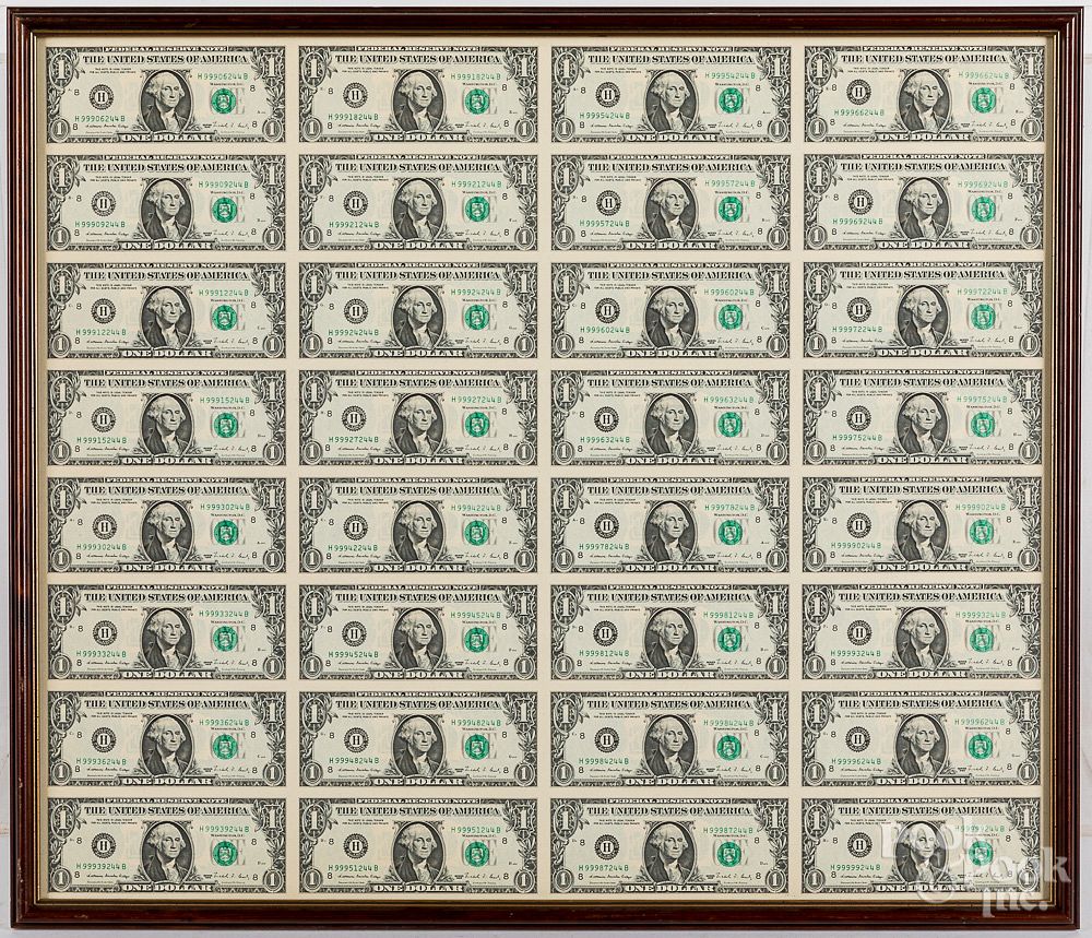 Appraisal: Uncut sheet of one dollar bills etc Uncut sheet of