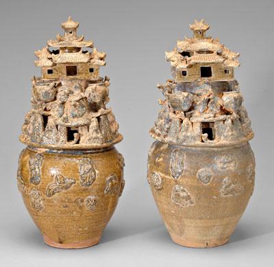 Appraisal: Pair yue ware funerary jars Western Jin Dynasty style applied