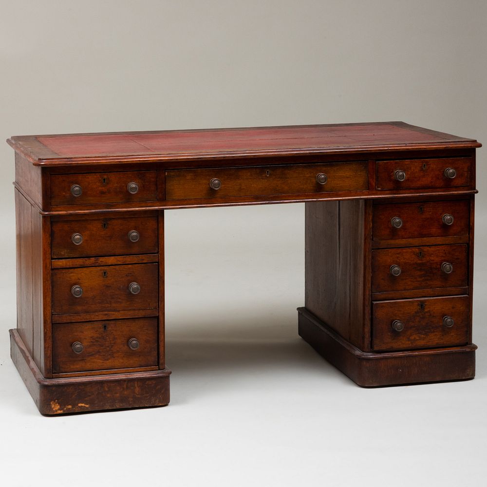 Appraisal: Early Victorian Oak Pedestal Desk The top fitted with a