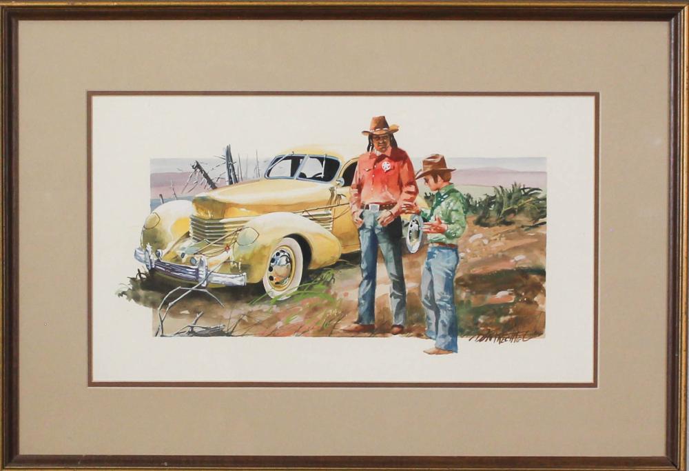 Appraisal: DON PRECHTEL Oregon born watercolor on board fisherman telling stories