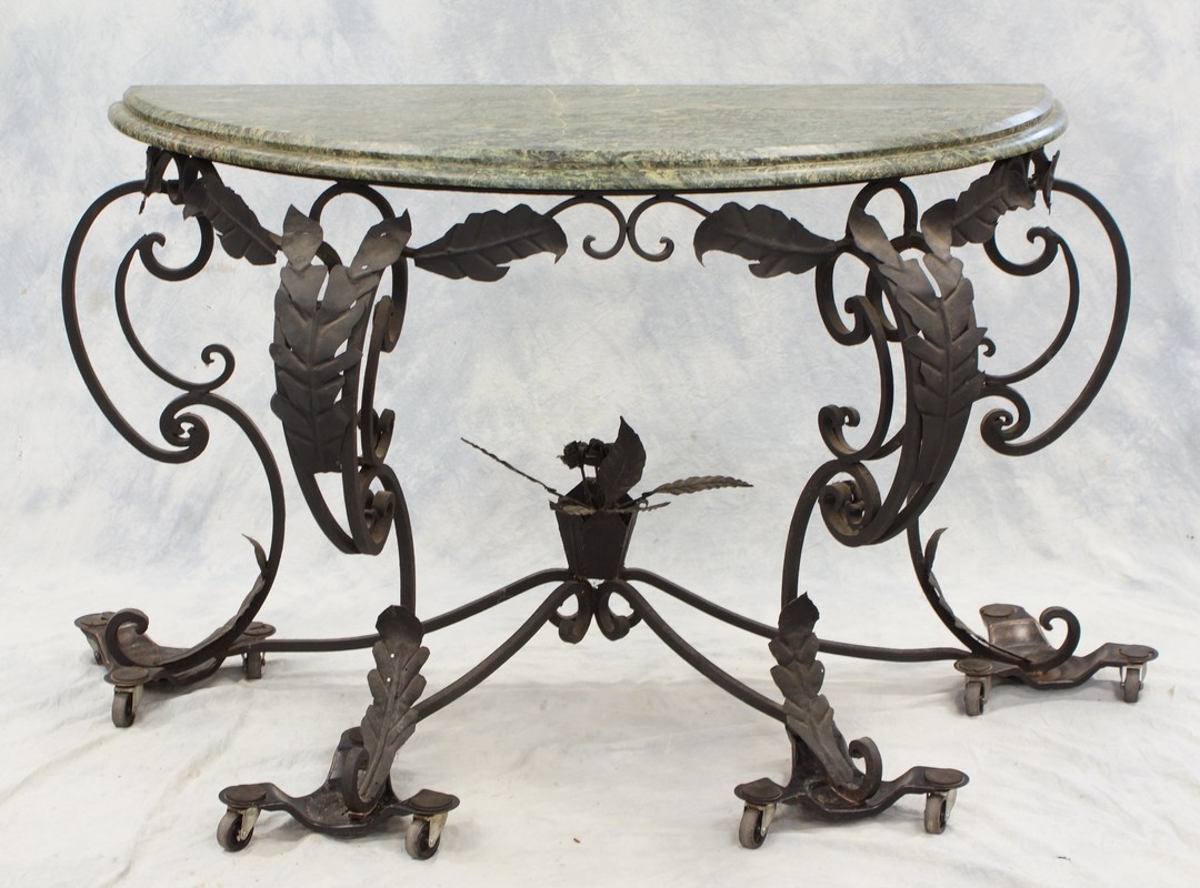 Appraisal: Wrough Iron Demilune Console Table with green marble top w