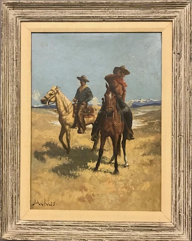 Appraisal: John Innes Oil on Board of Cowboys John Innes Canadian