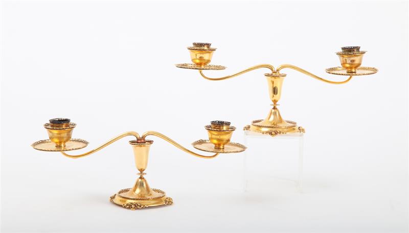 Appraisal: PAIR OF TIFFANY CO K GOLD TWO-LIGHT CANDELABRA Marked 'Tiffany