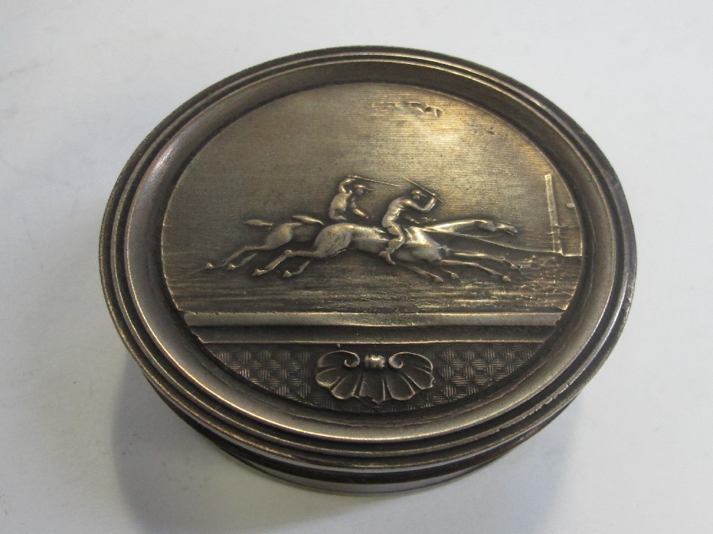 Appraisal: Reproduction metal snuff box embossed with a racing scene