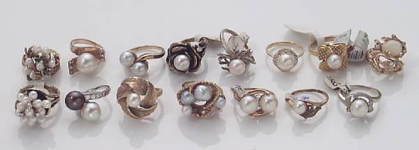 Appraisal: A collection of fifteen diamond cultured pearl and gold rings