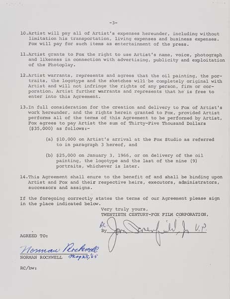 Appraisal: NORMAN ROCKWELL Contract signed by Rockwell commissioning him to do