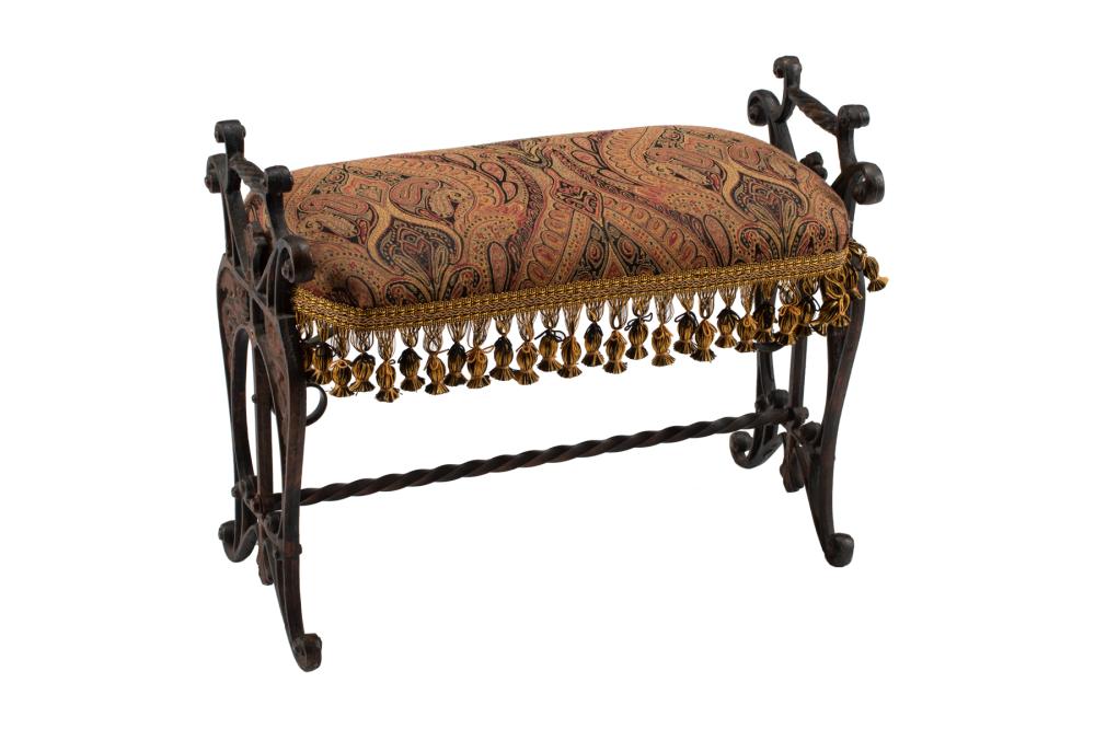 Appraisal: Antique Continental Wrought Iron Bench scrolled trestle form upholstered seat