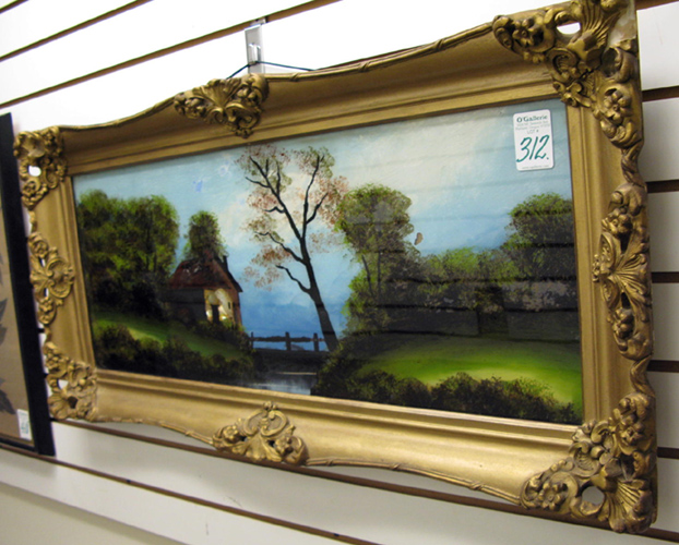 Appraisal: AN AMERICAN REVERSE PAINTING ON GLASS The evening landscape with