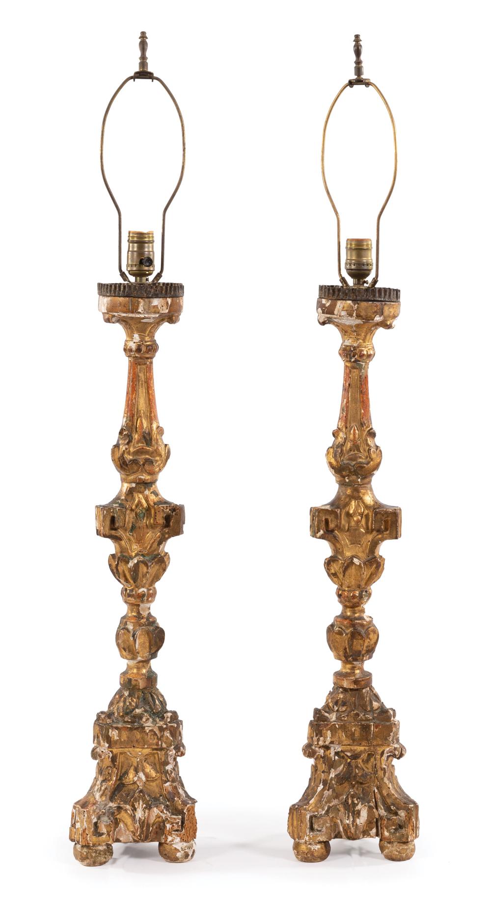 Appraisal: Pair of Italian Carved Giltwood Prickets th c now mounted