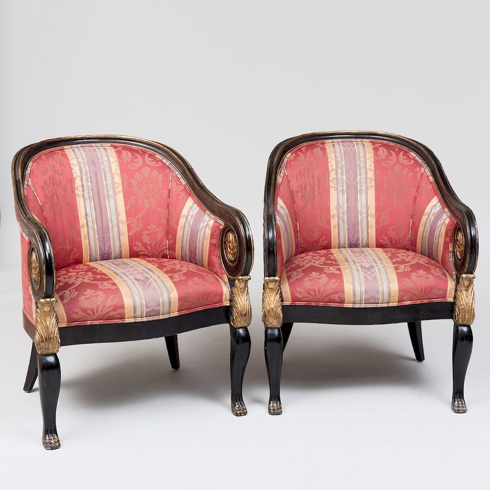 Appraisal: Pair of Classical Style Black Painted and Parcel-Gilt Armchairs Modern