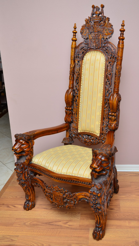 Appraisal: LARGE CARVED FIGURAL LION THRONE CHAIR Profusely carved all over