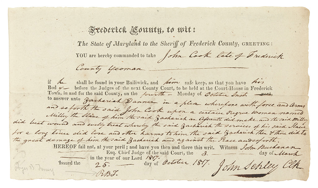 Appraisal: FREDERICK COUNTY MARYLAND Partially printed writ accomplished by hand bought