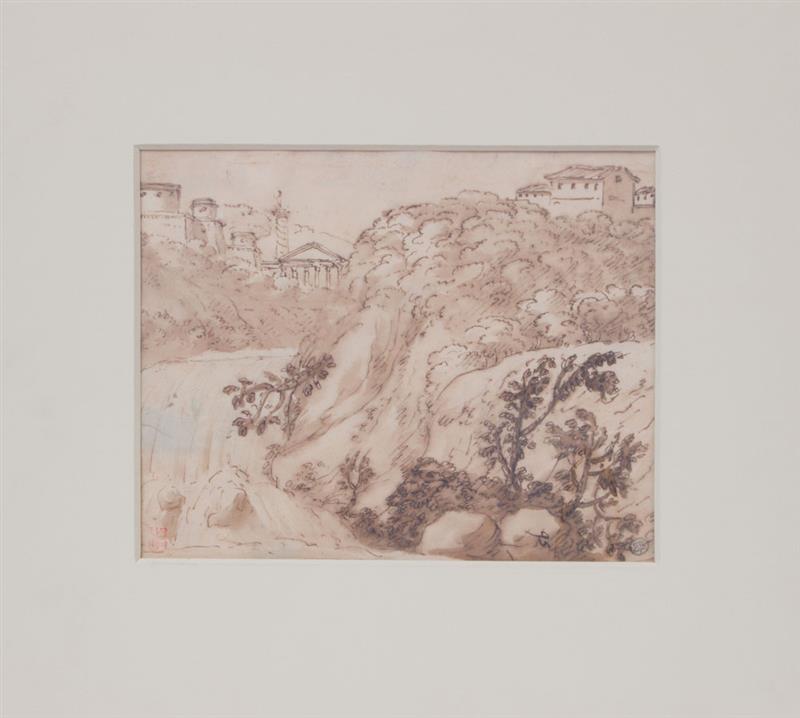 Appraisal: EUROPEAN SCHOOL LANDSCAPE WITH WATERFALL Ink and wash on paper