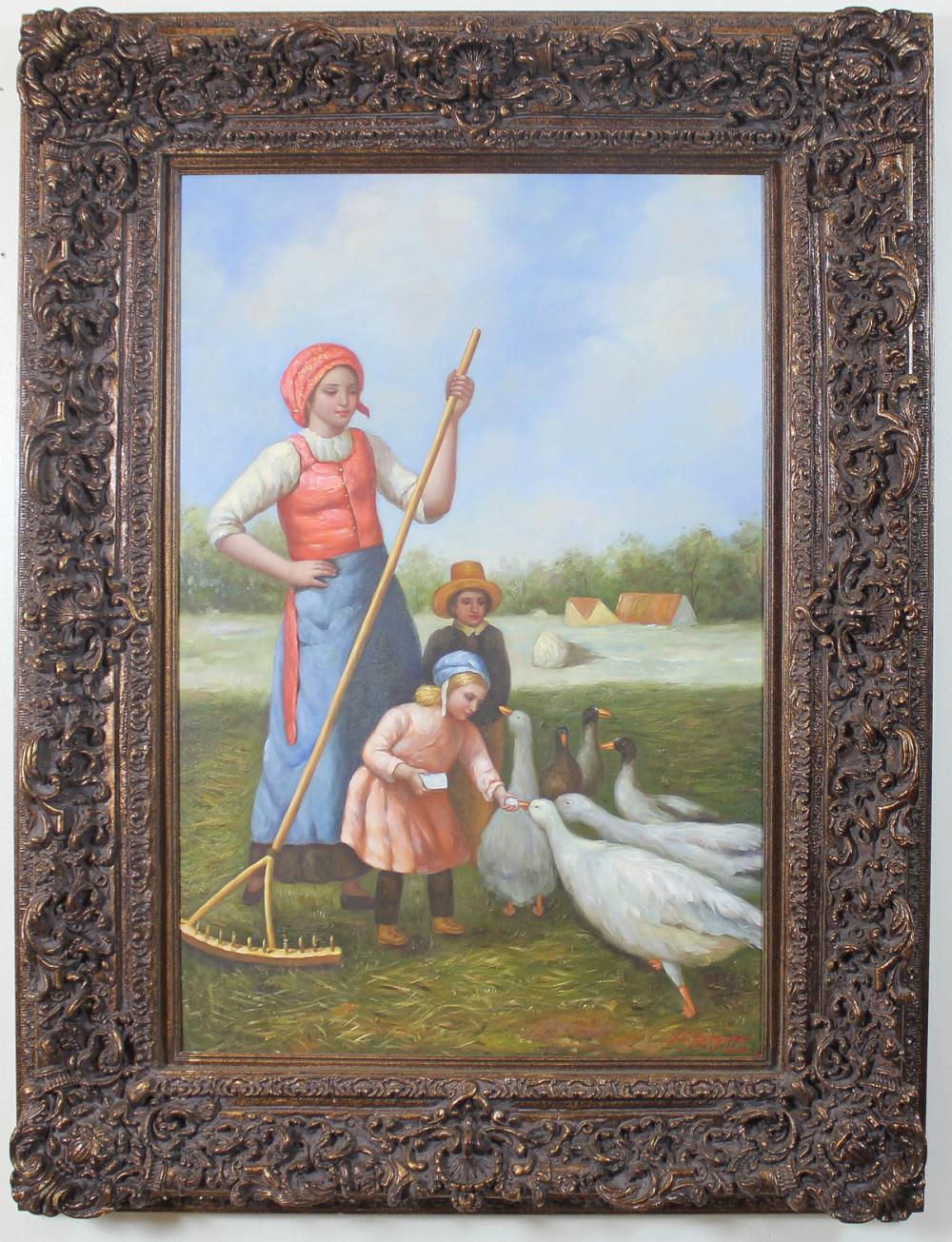 Appraisal: WOMAN AND CHILDREN FEEDING GEESE OIL ON CANVAS illegibly signed