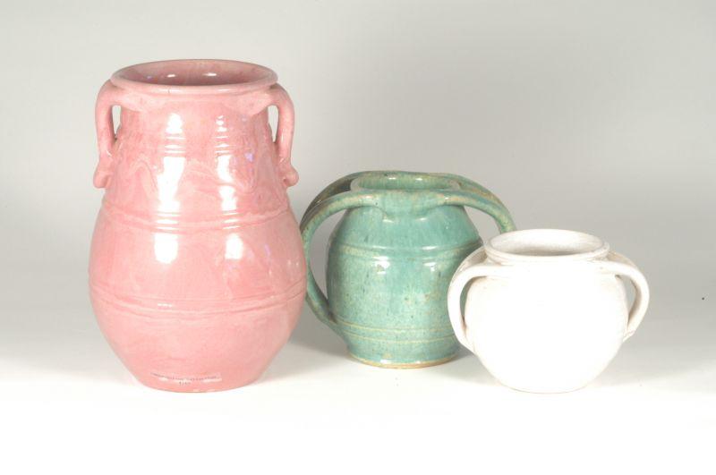 Appraisal: Unsigned Att Rainbow Pottery Three vases Pink H W Turquoise