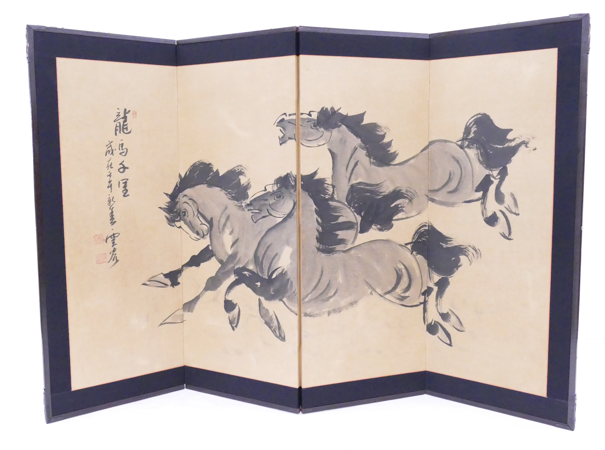 Appraisal: Japanese Painted Running Horses Panel Screen- x ''