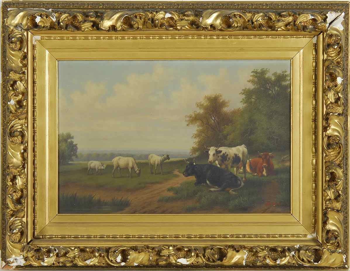 Appraisal: FRAMED PAINTINGLate th Early th CenturyThree bull cows and three