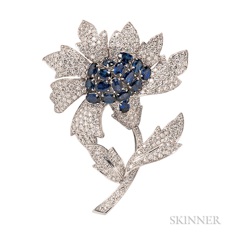 Appraisal: Platinum Sapphire and Diamond Flower Brooch Platinum Sapphire and Diamond