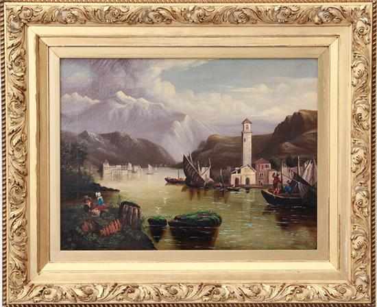 Appraisal: Continental school th century MOUNTAIN WATERWAY WITH RIVER AND FIGURES