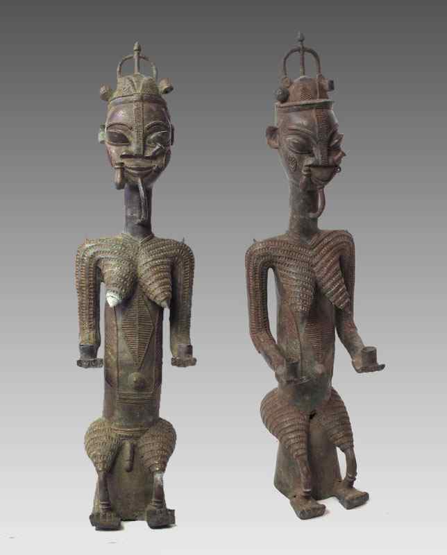 Appraisal: TWO OGBONI NIGERIAN AFRICAN ALTAR FIGURES SCULPTURE Approx '' h