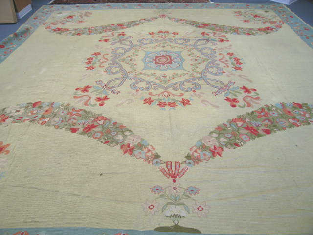 Appraisal: Portugese Handmade Wool Room Size Rug soft pastels floral decor