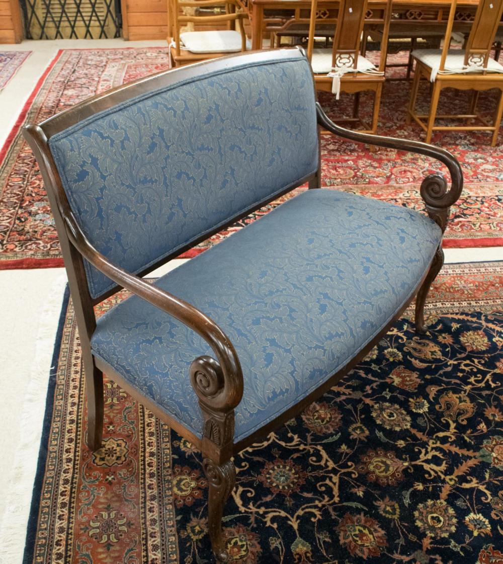 Appraisal: BLUE UPHOLSTERED SCROLL-ARM SETTEE made in Italy for Harris Marcus